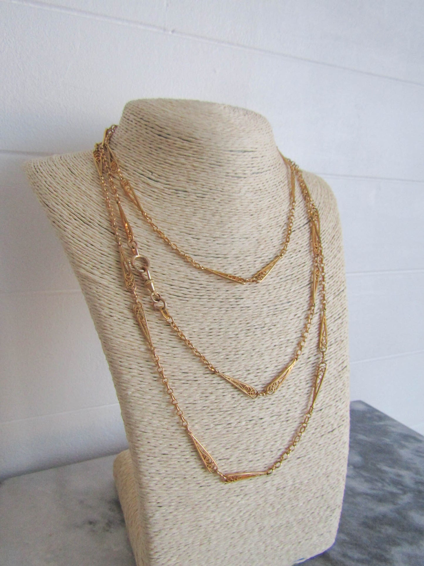 60" Antique Gold Filled Longuard Chain, Victorian Long Muff Gold Chain with Teardrop Links c. 1900