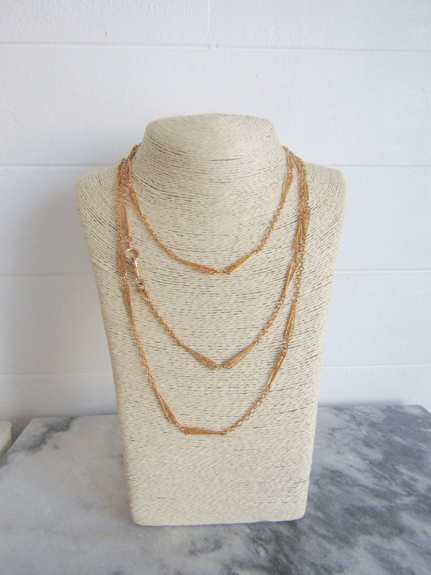 60" Antique Gold Filled Longuard Chain, Victorian Long Muff Gold Chain with Teardrop Links c. 1900