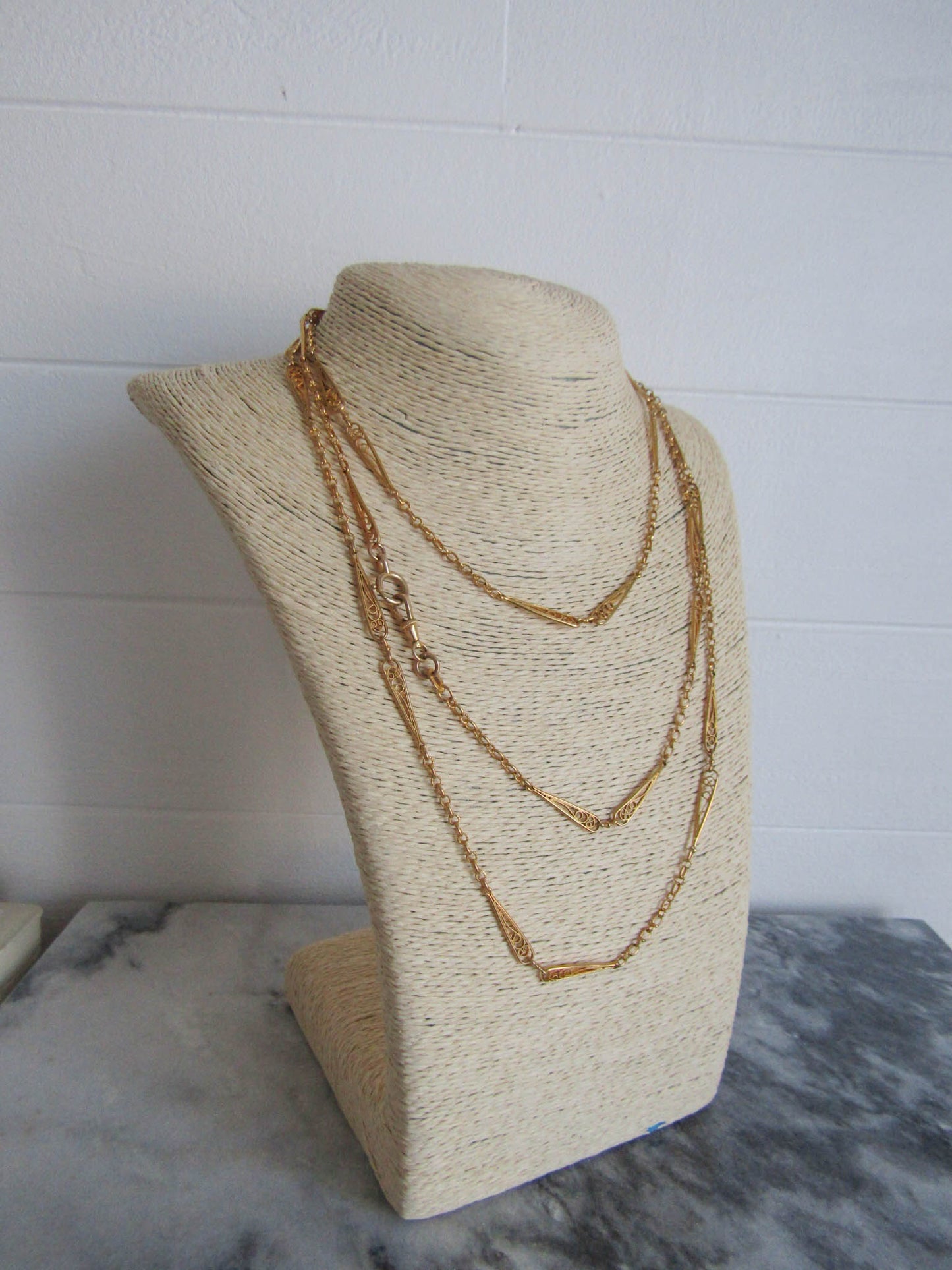 60" Antique Gold Filled Longuard Chain, Victorian Long Muff Gold Chain with Teardrop Links c. 1900