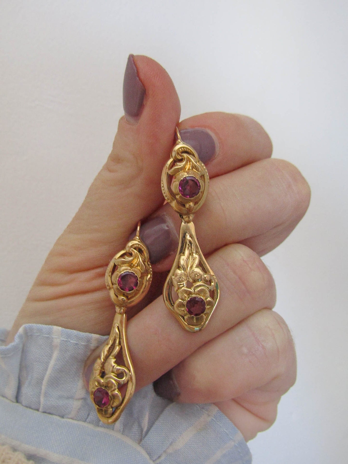 Antique 18K Gold Rhodolite Garnet Day/Night Napoleon III French 3 in 1 Earrings c. 1880