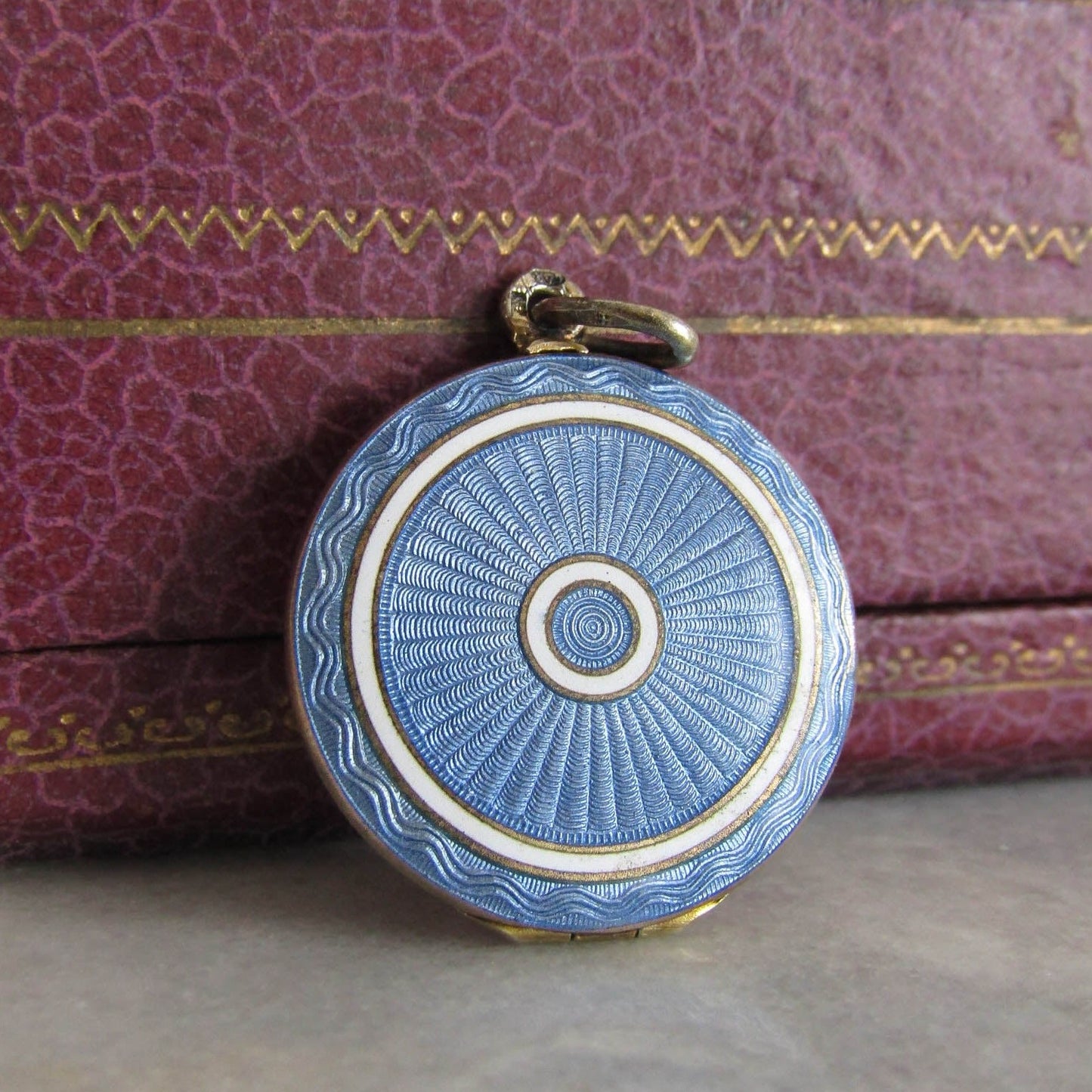 Art Deco Guilloche Royal Blue Enamel Locket, Vermeil Locket c. 1920