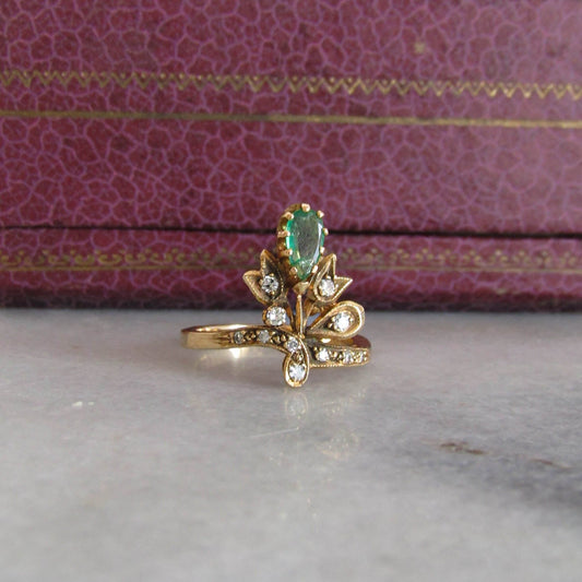 Antique 18K Peridot and Diamond Duchesse Ring, Tiara Ring c. 1900