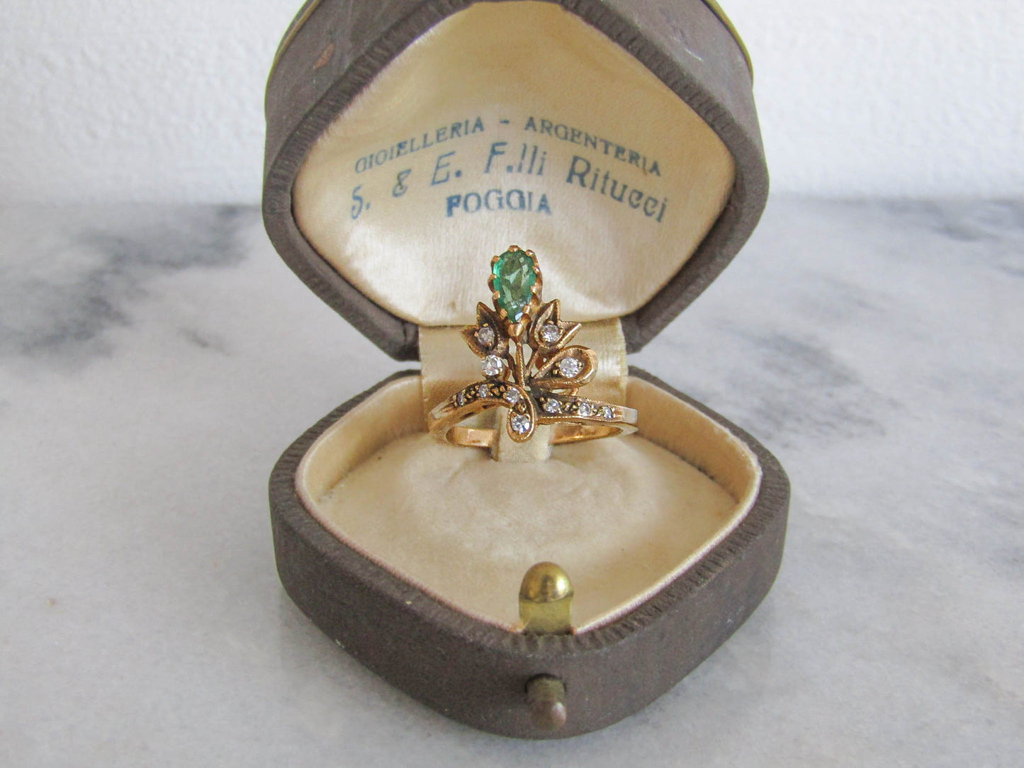 Antique 18K Peridot and Diamond Duchesse Ring, Tiara Ring c. 1900