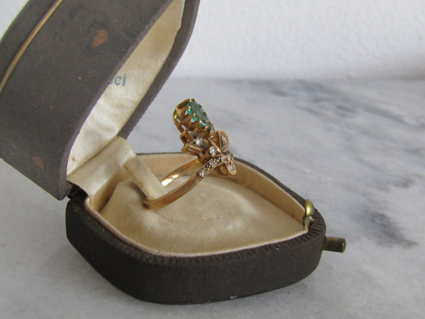 Antique 18K Peridot and Diamond Duchesse Ring, Tiara Ring c. 1900