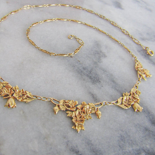 Antique 18K Solid Gold French Floral Drapery Necklace c. 1900