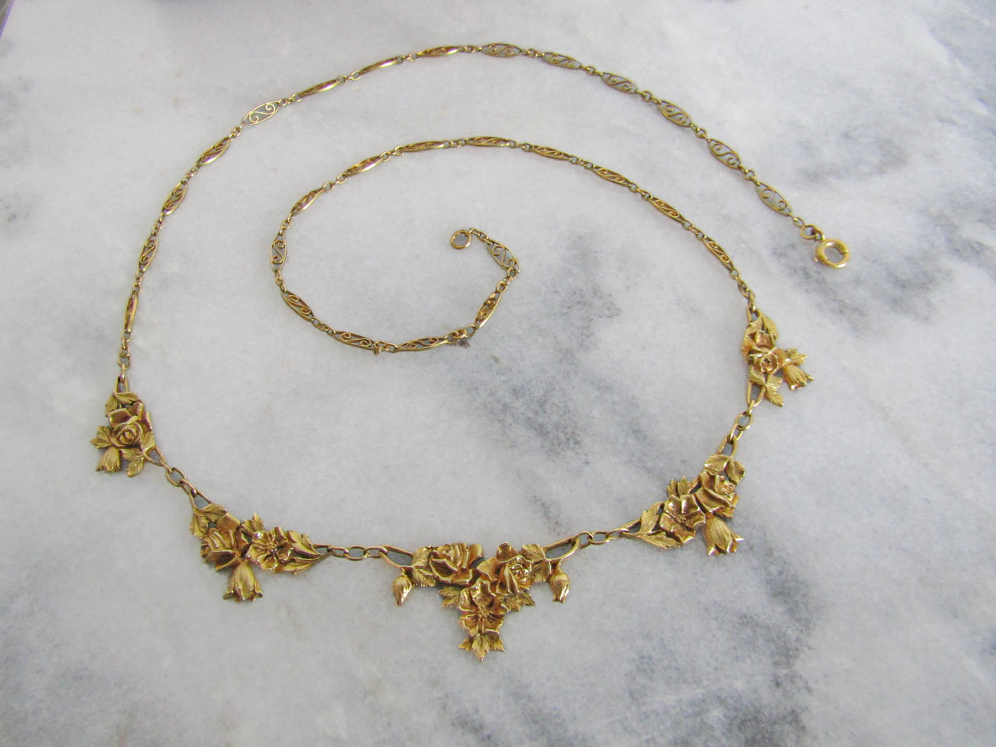 Antique 18K Solid Gold French Floral Drapery Necklace c. 1900