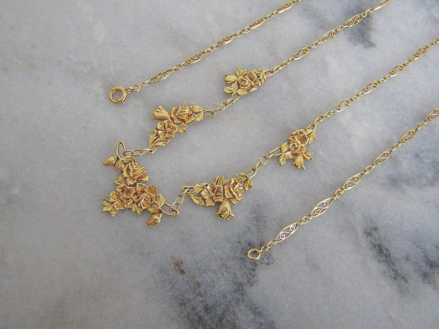 Antique 18K Solid Gold French Floral Drapery Necklace c. 1900