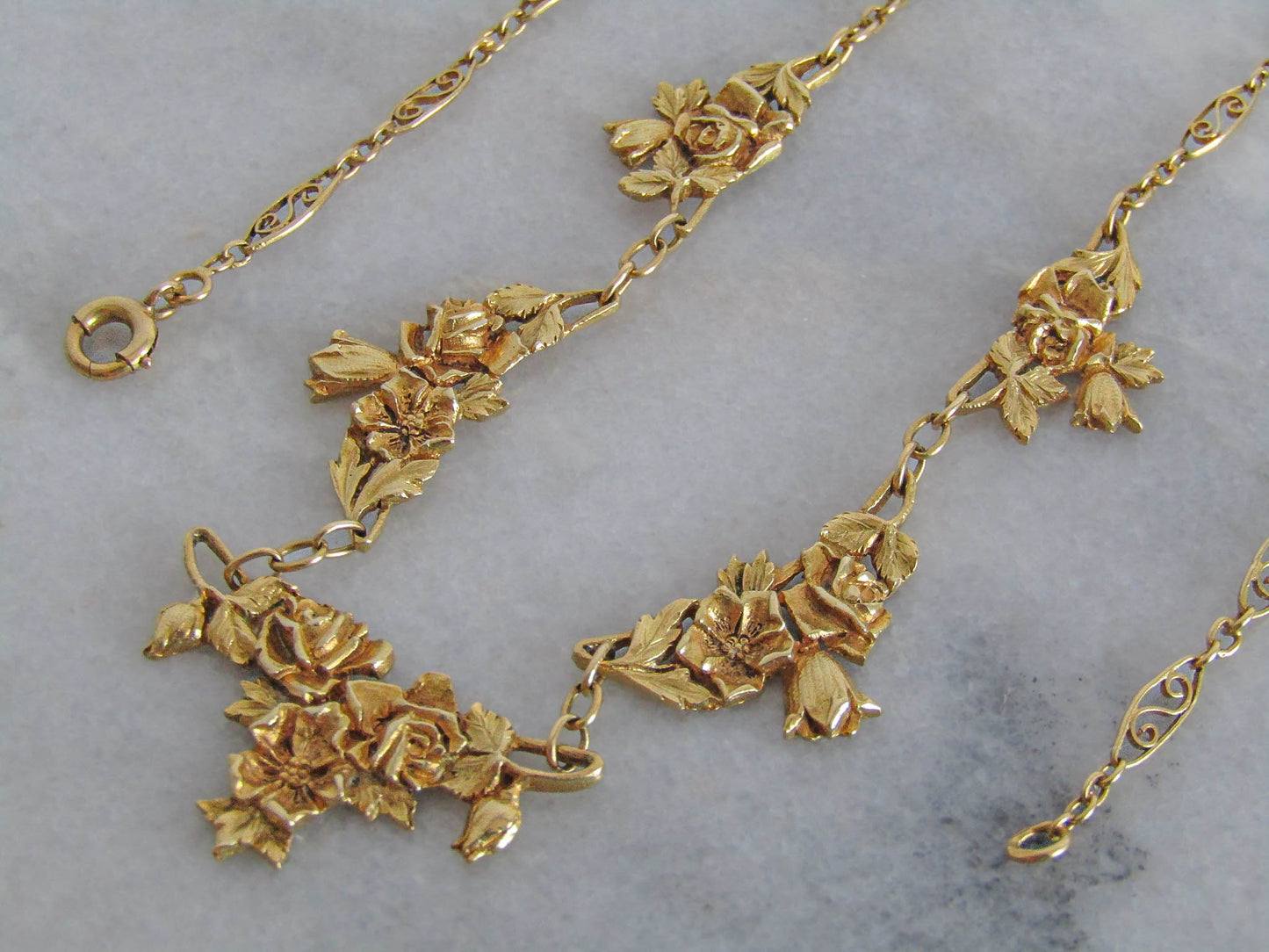 Antique 18K Solid Gold French Floral Drapery Necklace c. 1900