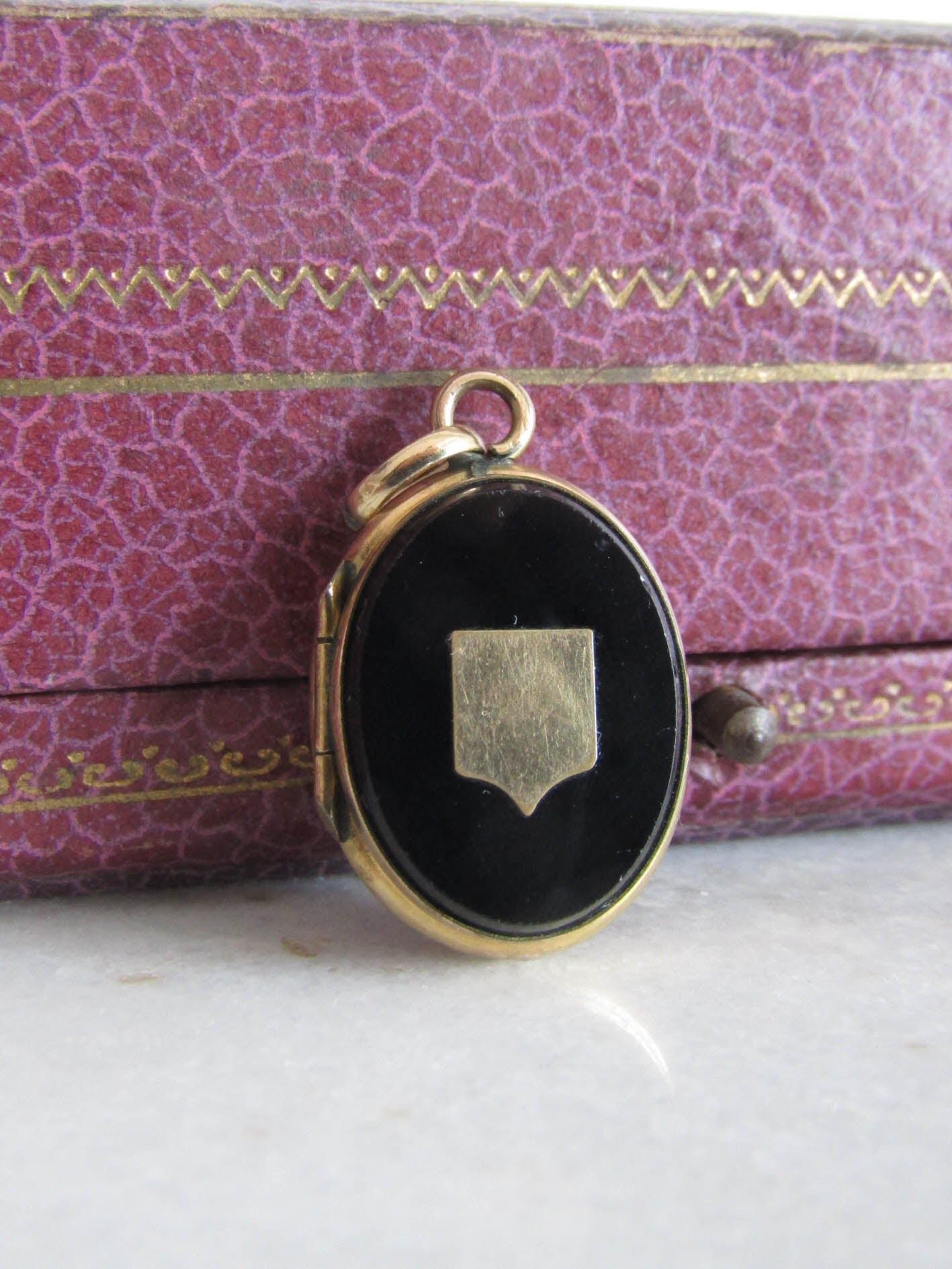 Antique Gold Filled Onyx Oval Locket with Shield