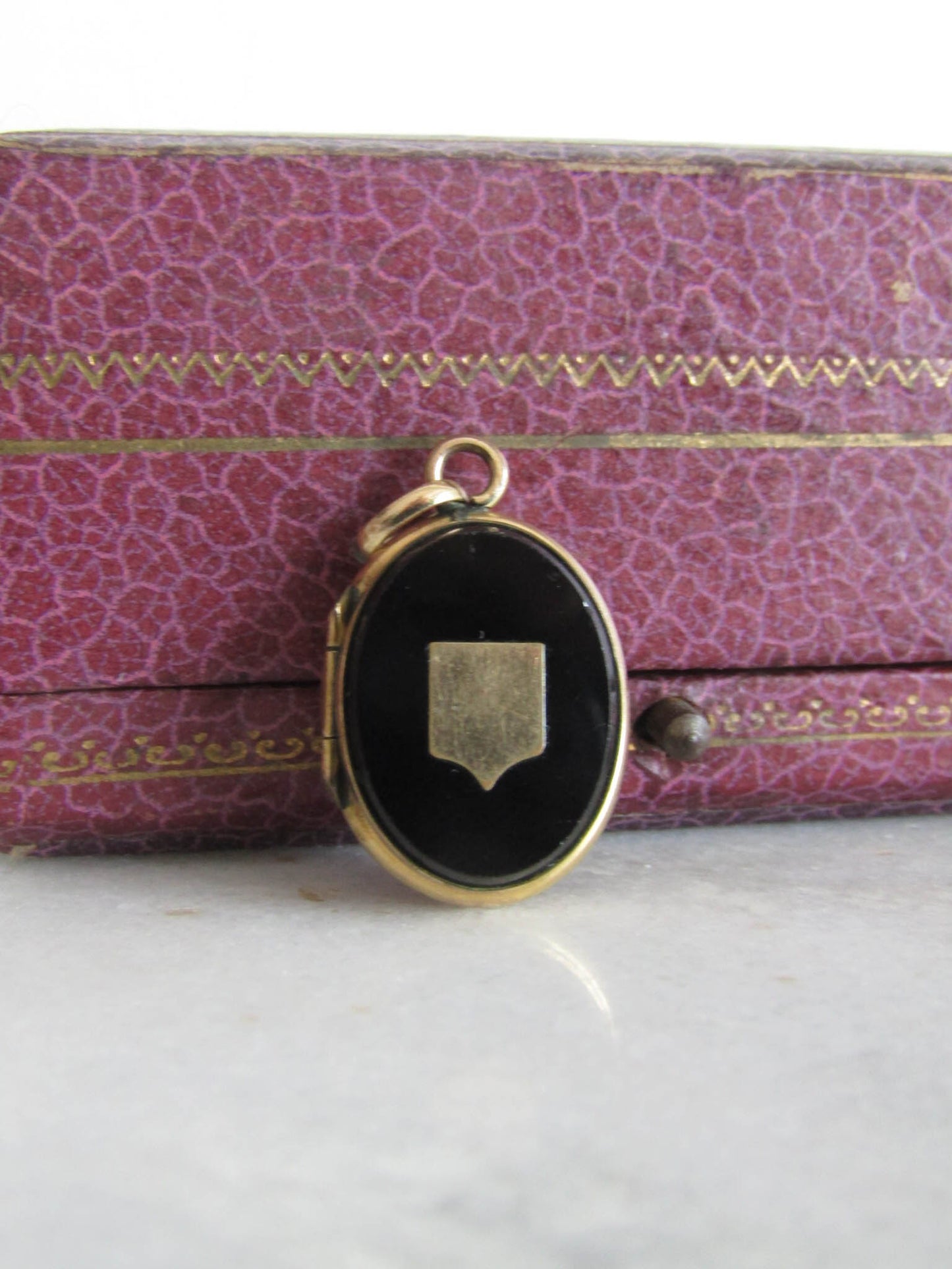 Antique Gold Filled Onyx Oval Locket with Shield