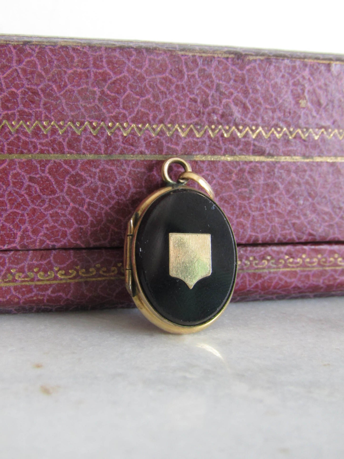 Antique Gold Filled Onyx Oval Locket with Shield