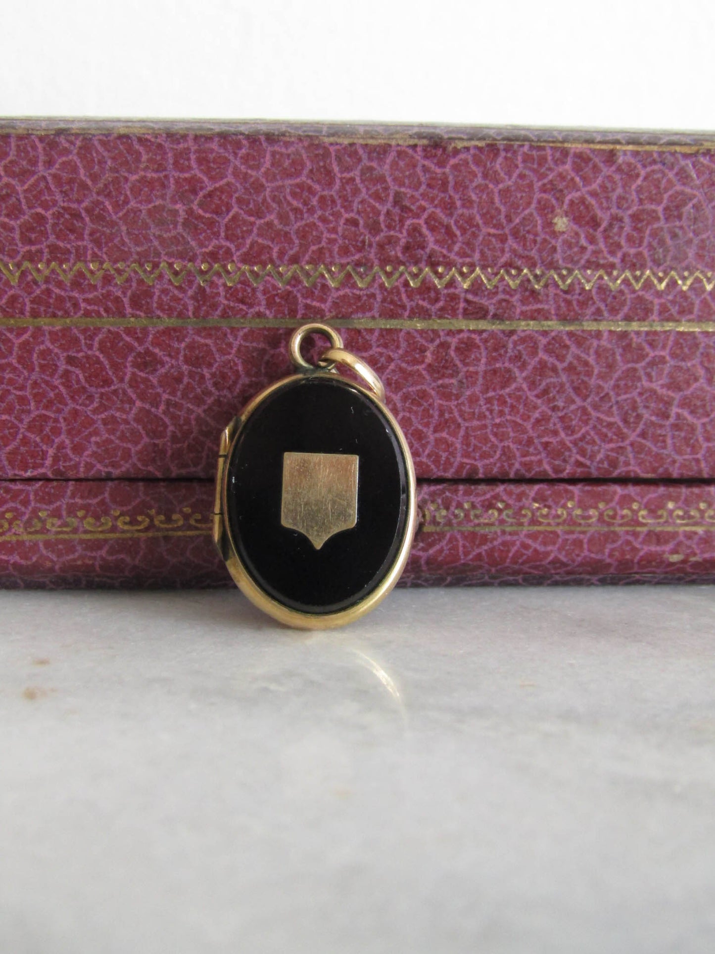 Antique Gold Filled Onyx Oval Locket with Shield