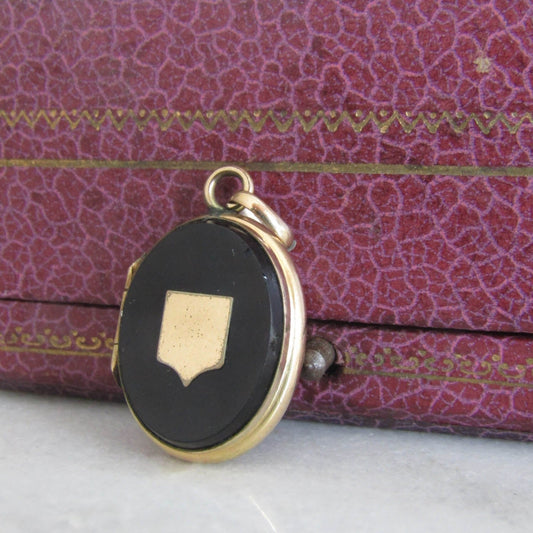 Antique Gold Filled Onyx Oval Locket with Shield