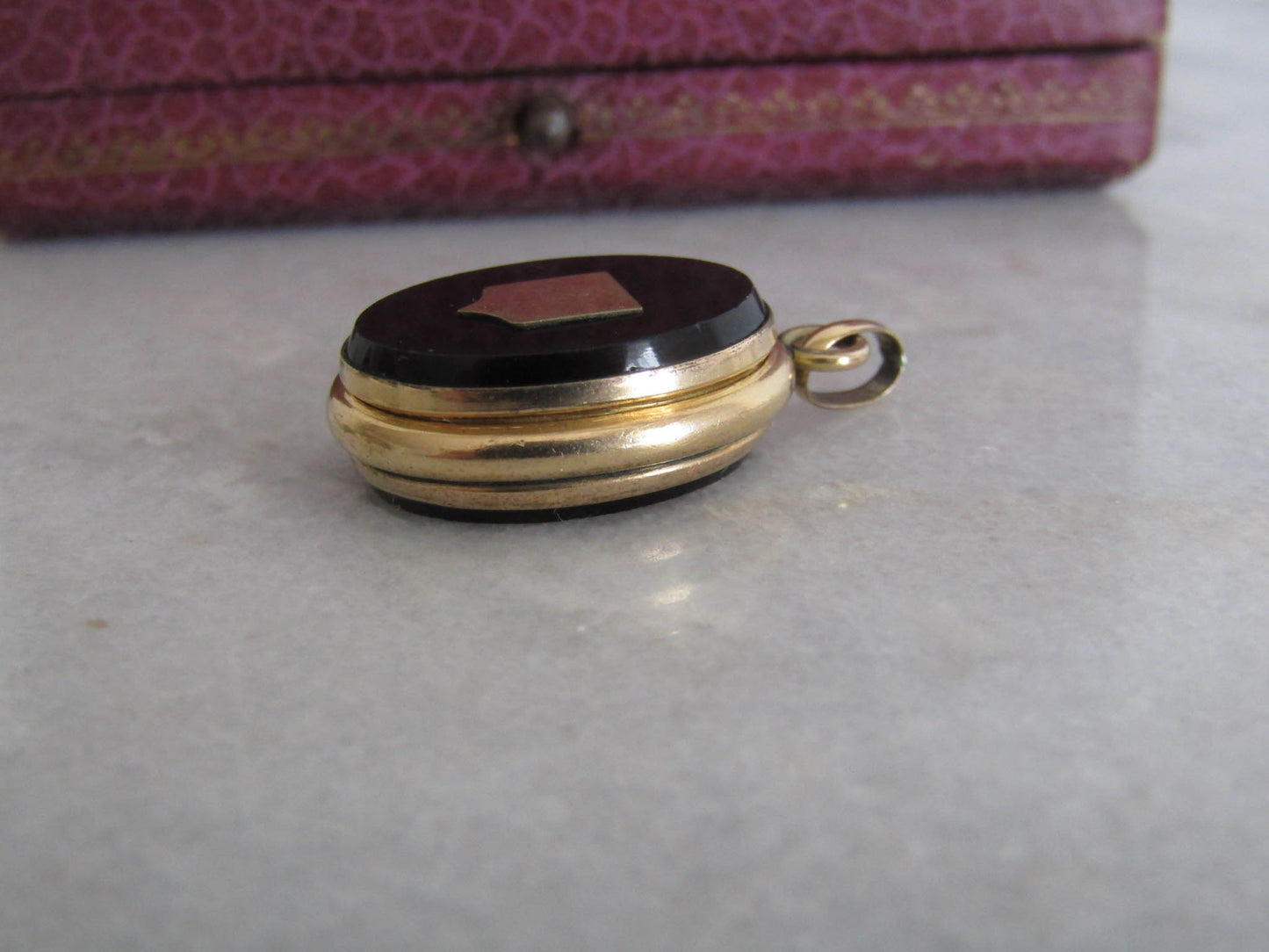 Antique Gold Filled Onyx Oval Locket with Shield