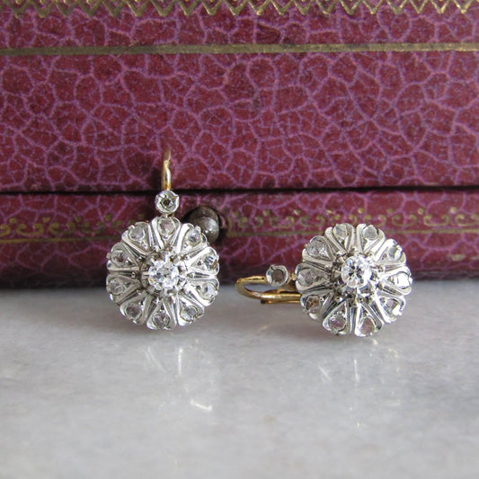 Antique Edwardian Diamond, Platinum, and Gold Daisy Cluster Earrings, Antique French Marguerite Diamond Earrings c. 1900