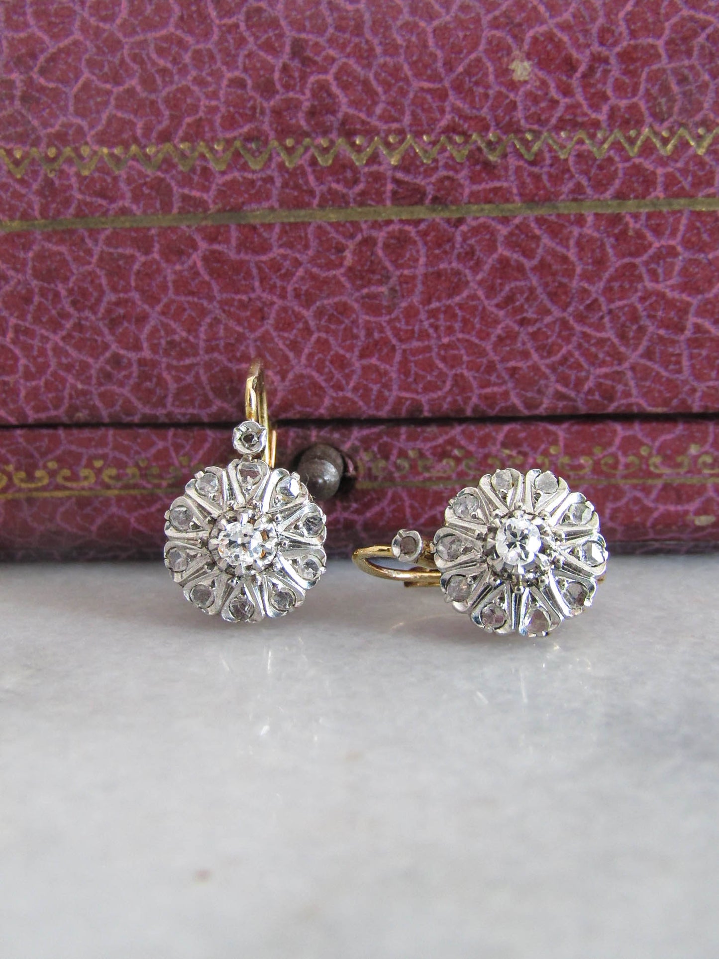 Antique Edwardian Diamond, Platinum, and Gold Daisy Cluster Earrings, Antique French Marguerite Diamond Earrings c. 1900