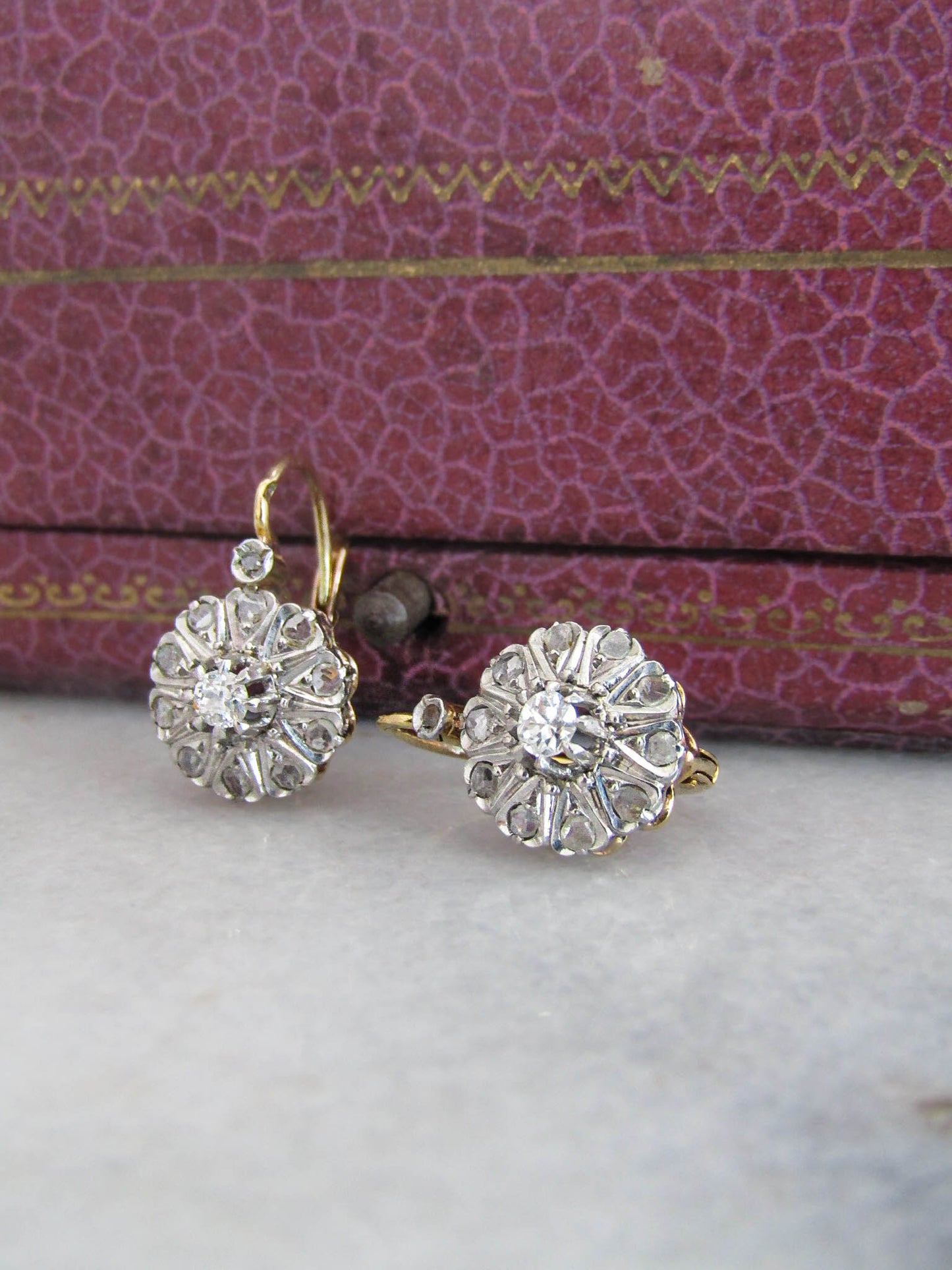 Antique Edwardian Diamond, Platinum, and Gold Daisy Cluster Earrings, Antique French Marguerite Diamond Earrings c. 1900