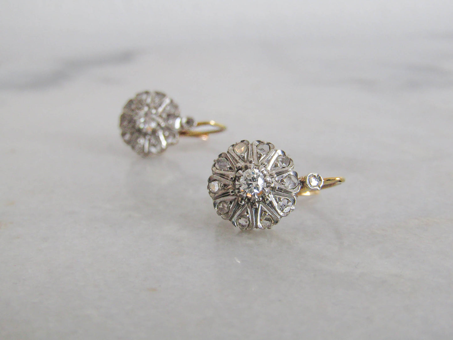 Antique Edwardian Diamond, Platinum, and Gold Daisy Cluster Earrings, Antique French Marguerite Diamond Earrings c. 1900