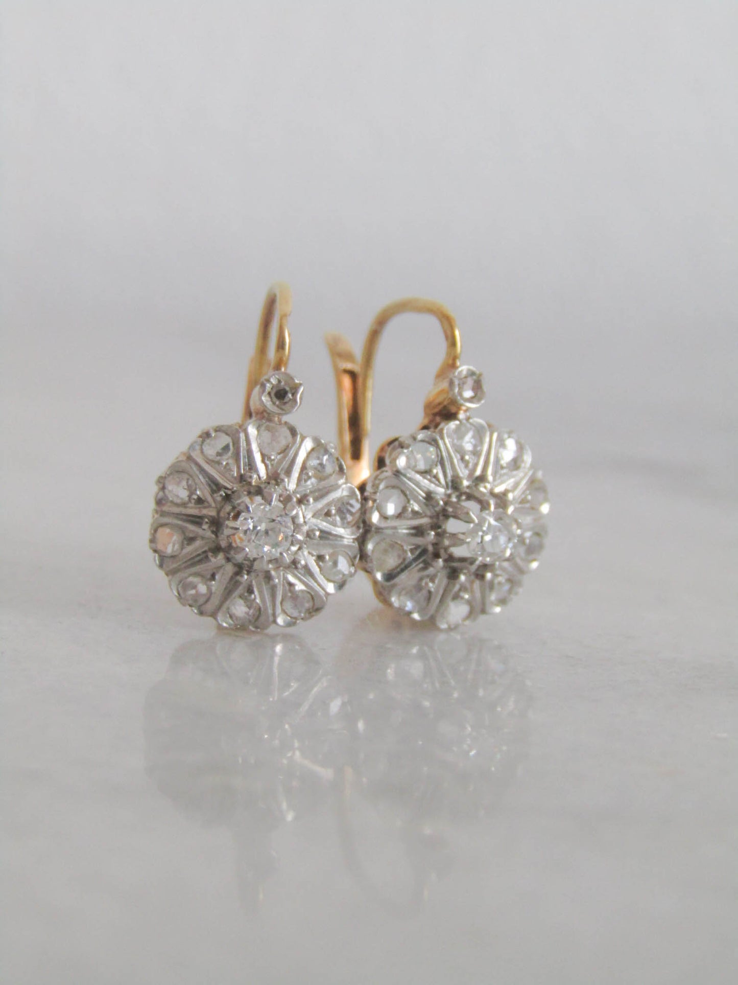 Antique Edwardian Diamond, Platinum, and Gold Daisy Cluster Earrings, Antique French Marguerite Diamond Earrings c. 1900