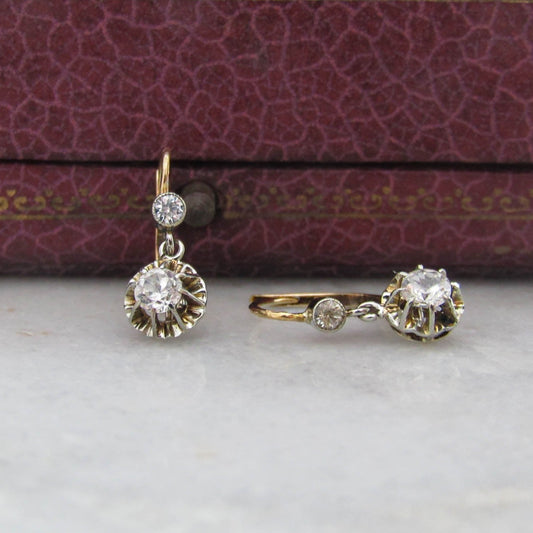 Antique 18K Gold French Trembleuse Drop Earrings with Rock Crystal