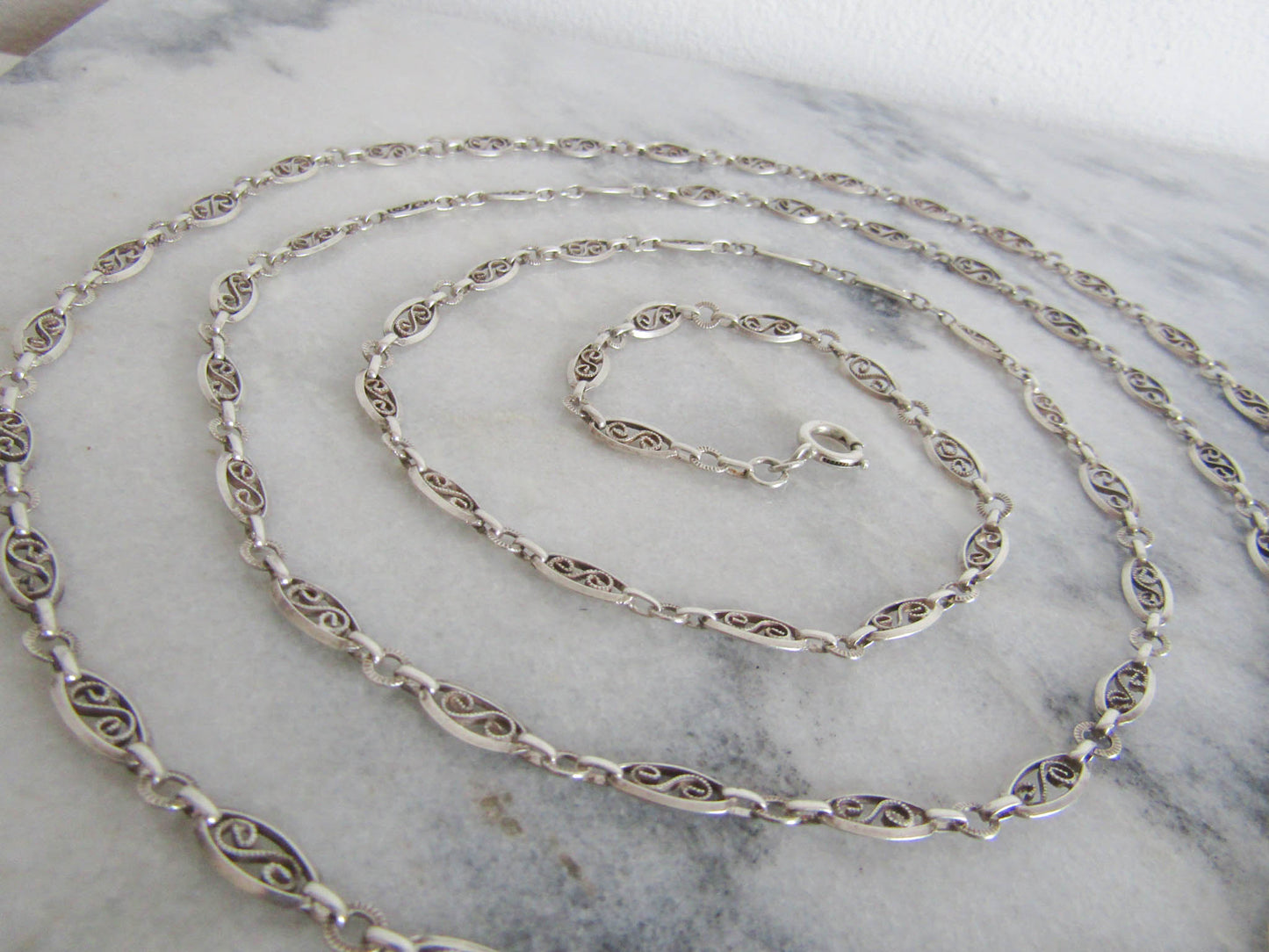 Antique Silver Filigree Long Guard chain