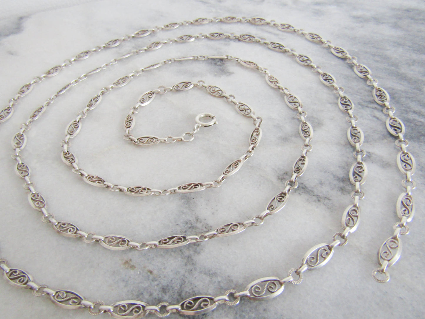 Antique Silver Filigree Long Guard chain