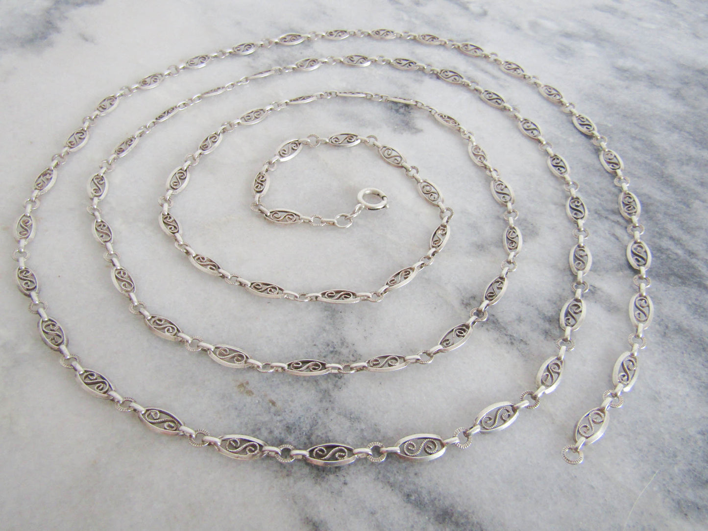 Antique Silver Filigree Long Guard chain