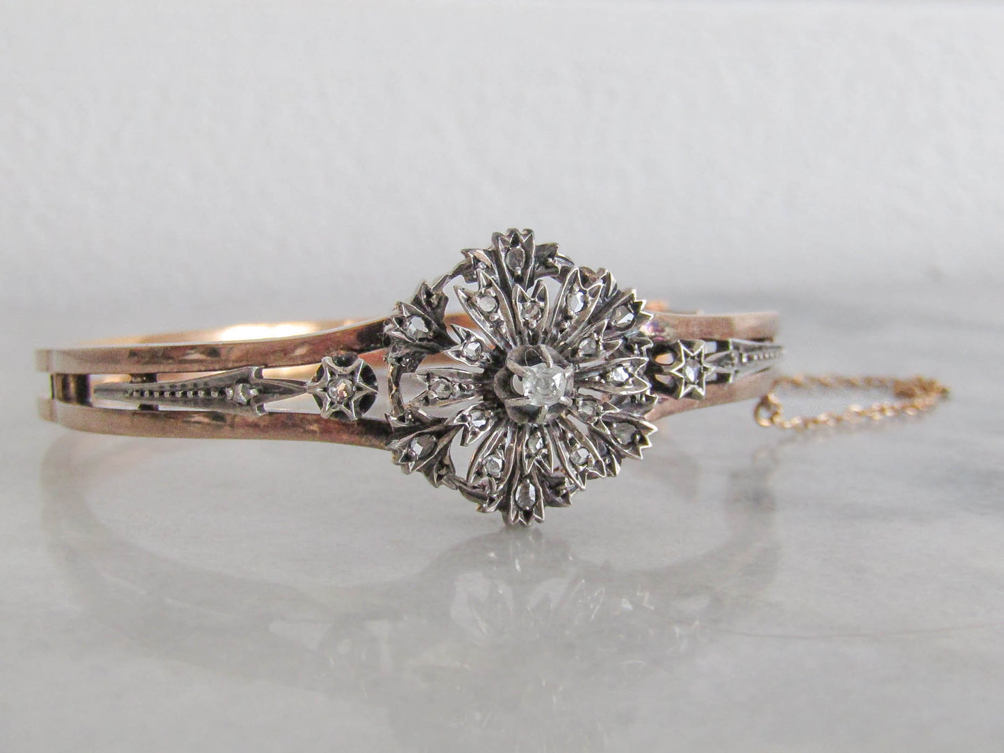 SMALL | Antique French Belle Epoque Diamond Floral Bangle Bracelet c. 1880