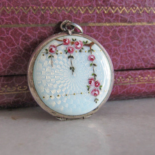 Antique Swiss Enamel Guilloche Locket with Hand Painted Roses