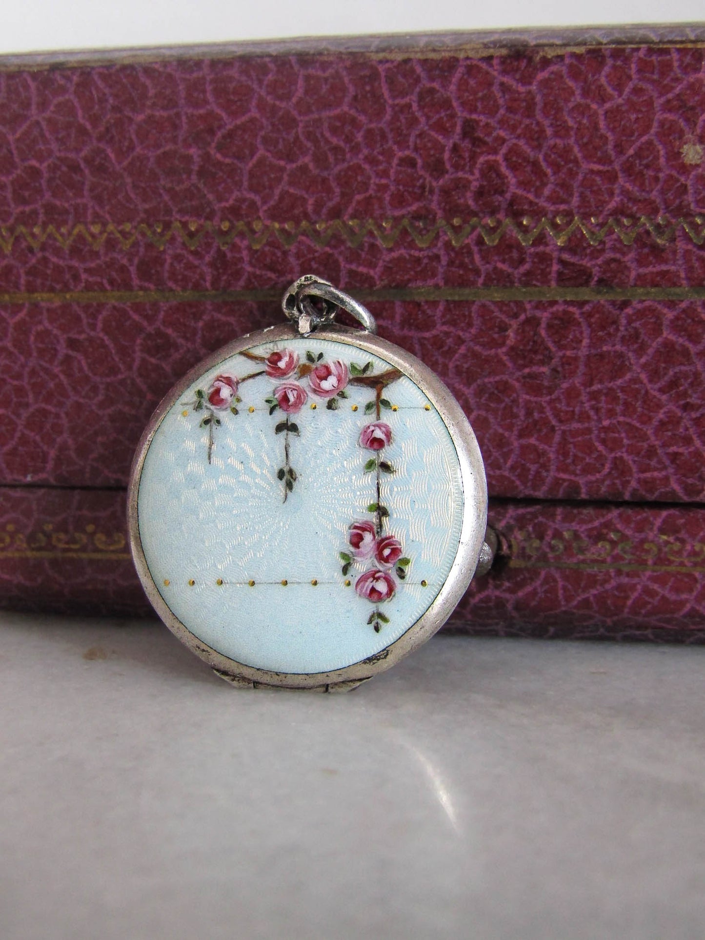 Antique Swiss Enamel Guilloche Locket with Hand Painted Roses