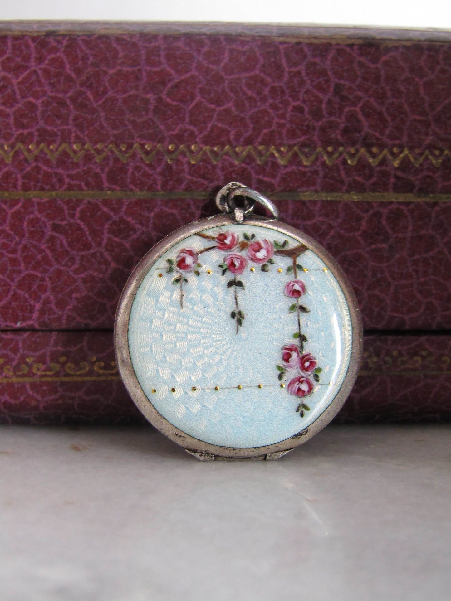 Antique Swiss Enamel Guilloche Locket with Hand Painted Roses