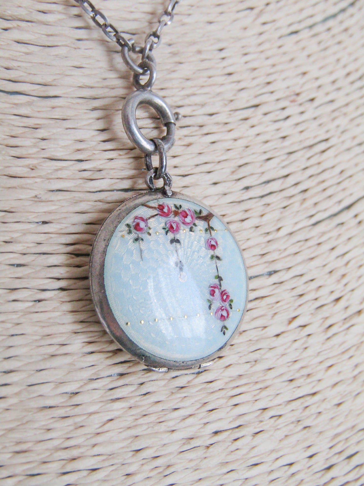 Antique Swiss Enamel Guilloche Locket with Hand Painted Roses