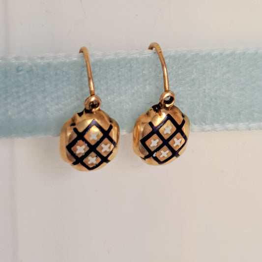 Antique Petite Enamel 18k Solid Gold Sleeper Earrings