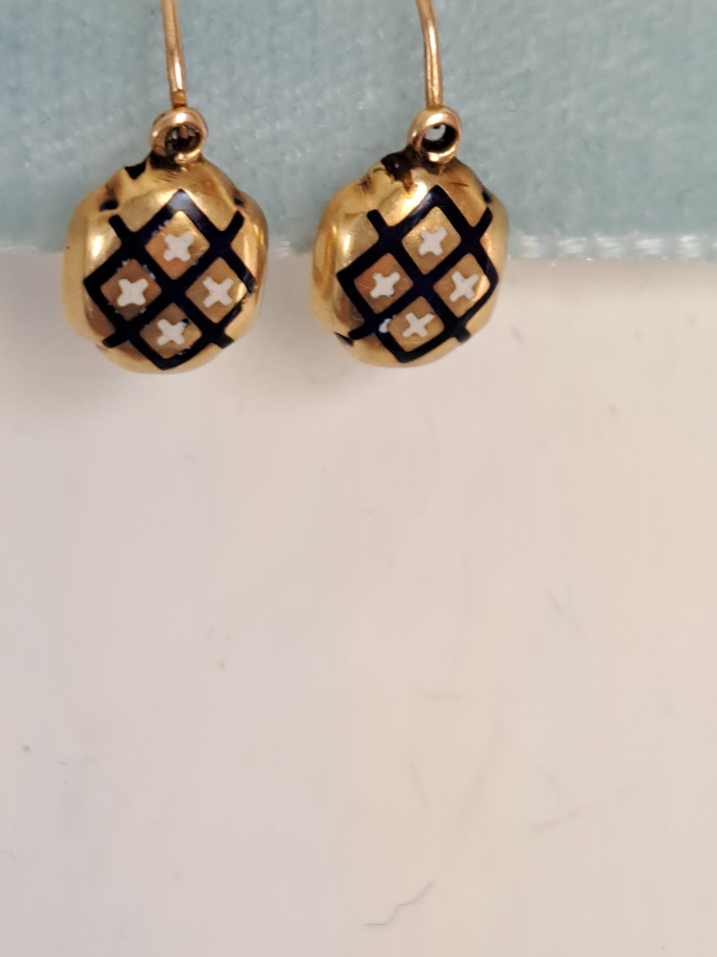 Antique Petite Enamel 18k Solid Gold Sleeper Earrings