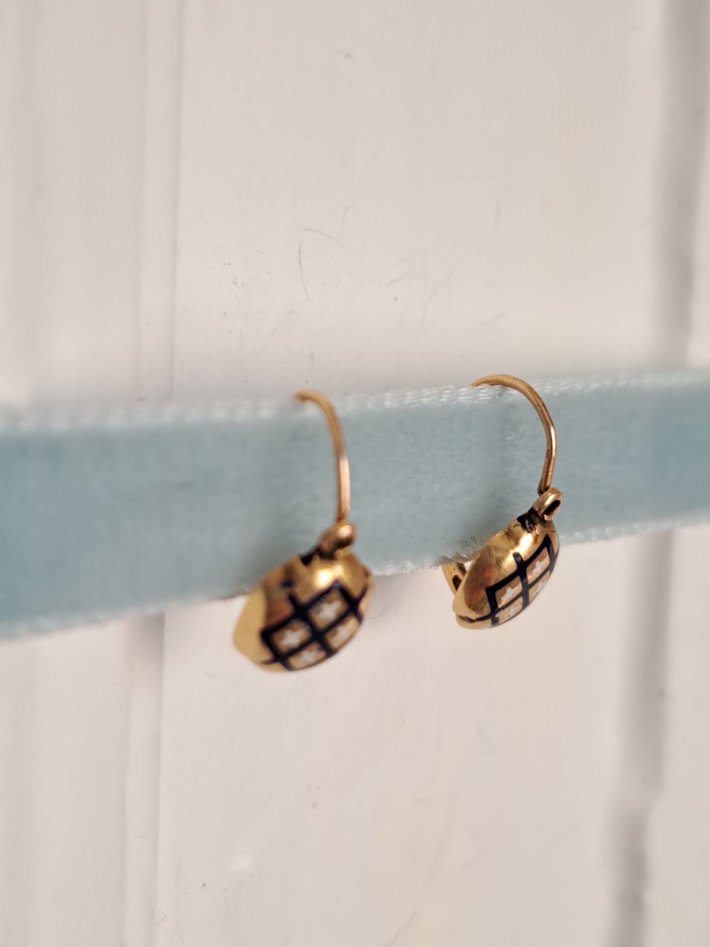 Antique Petite Enamel 18k Solid Gold Sleeper Earrings