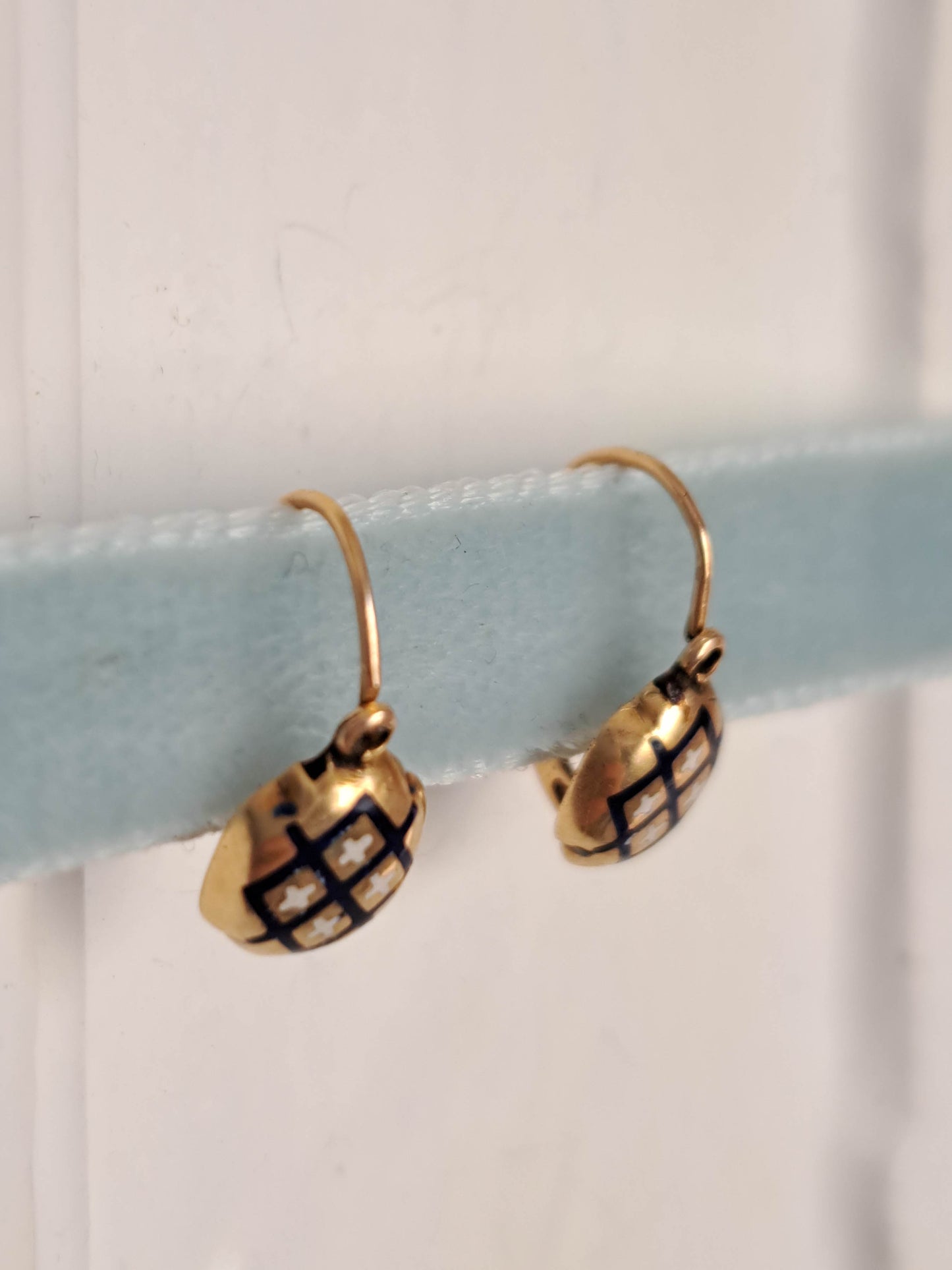 Antique Petite Enamel 18k Solid Gold Sleeper Earrings