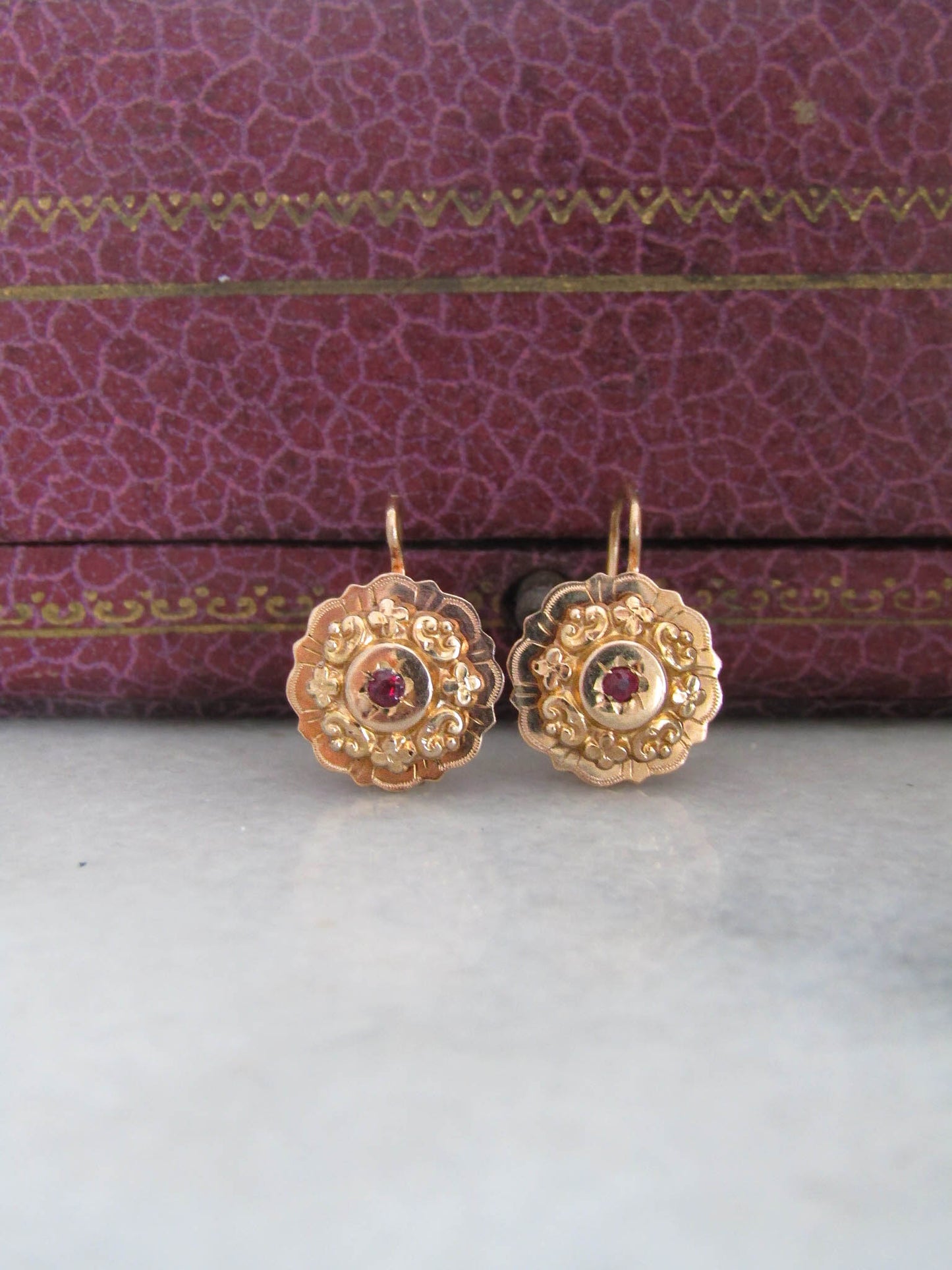 Antique 18K Solid Gold and Ruby Paste Belle Epoque Sleeper Earrings c. 1880