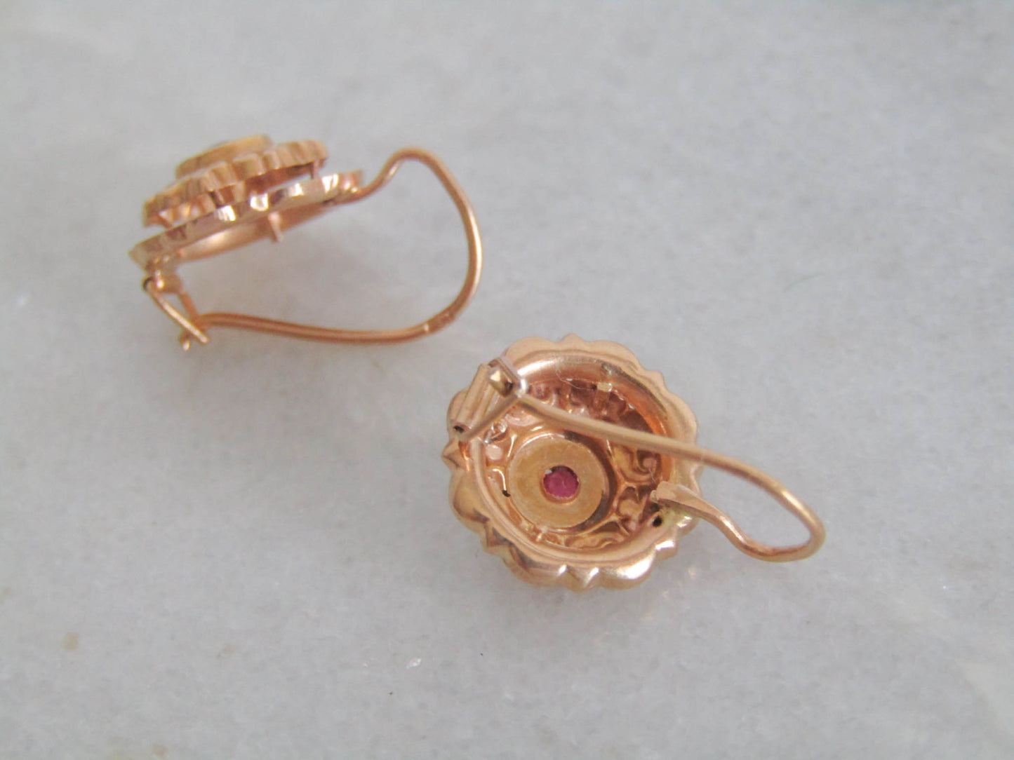 Antique 18K Solid Gold and Ruby Paste Belle Epoque Sleeper Earrings c. 1880