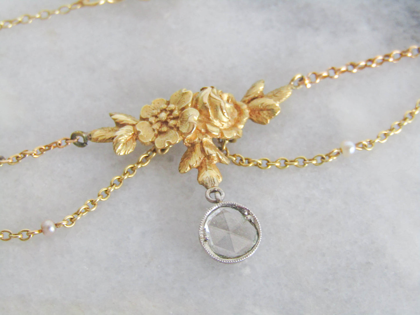 Antique Art Nouveau Floral Drapery Necklace with Rose Cut Diamond c. 1910