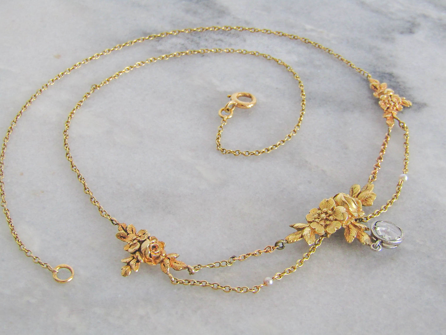 Antique Art Nouveau Floral Drapery Necklace with Rose Cut Diamond c. 1910