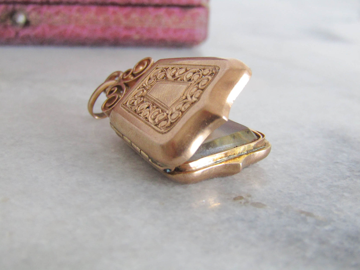 Antique 18k Rose Gold Shield Locket with Hinged Glass Partition