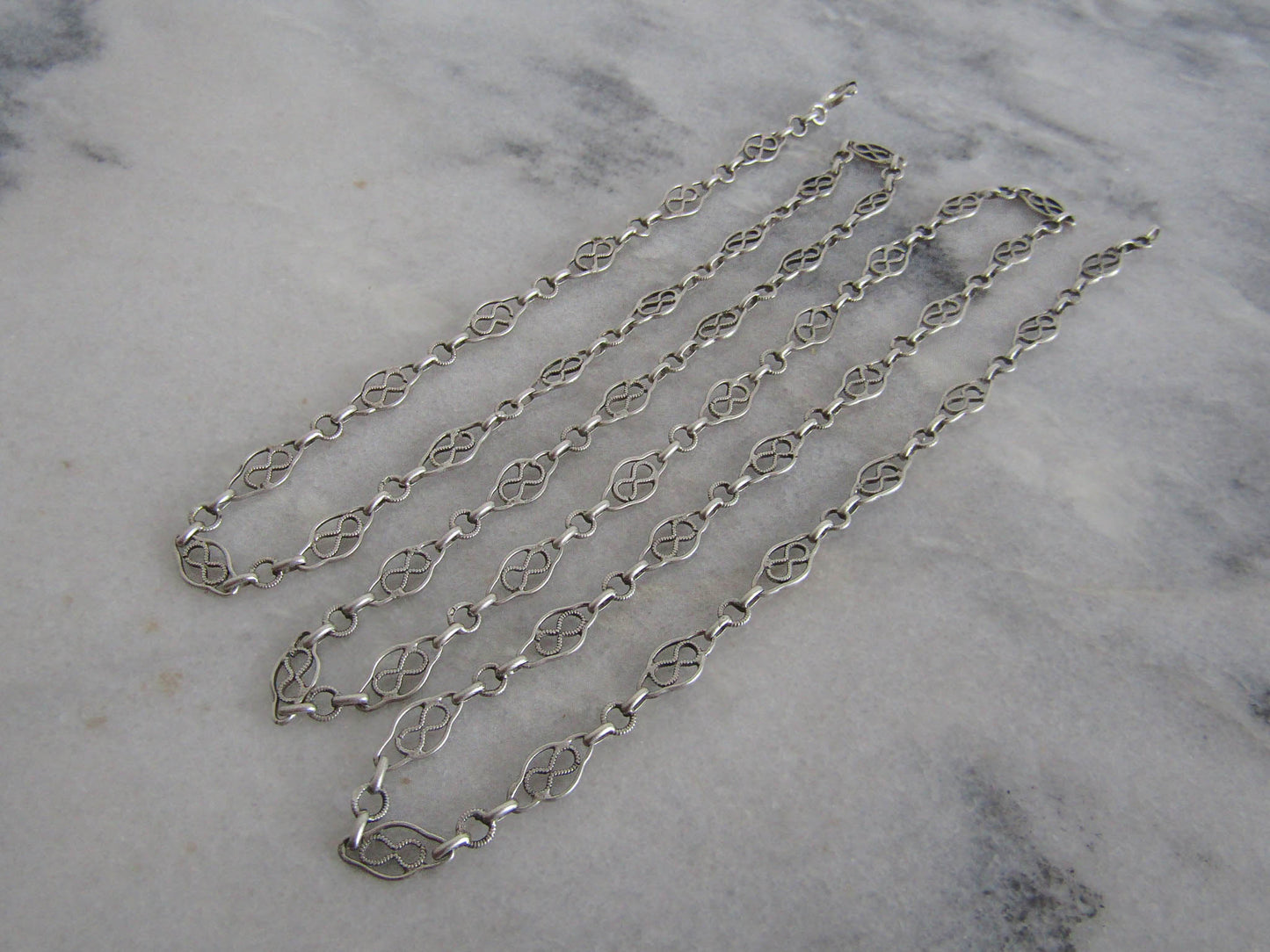 French Silver Filigree Sautoir Necklace Chain, Antique French Half Guard Chain