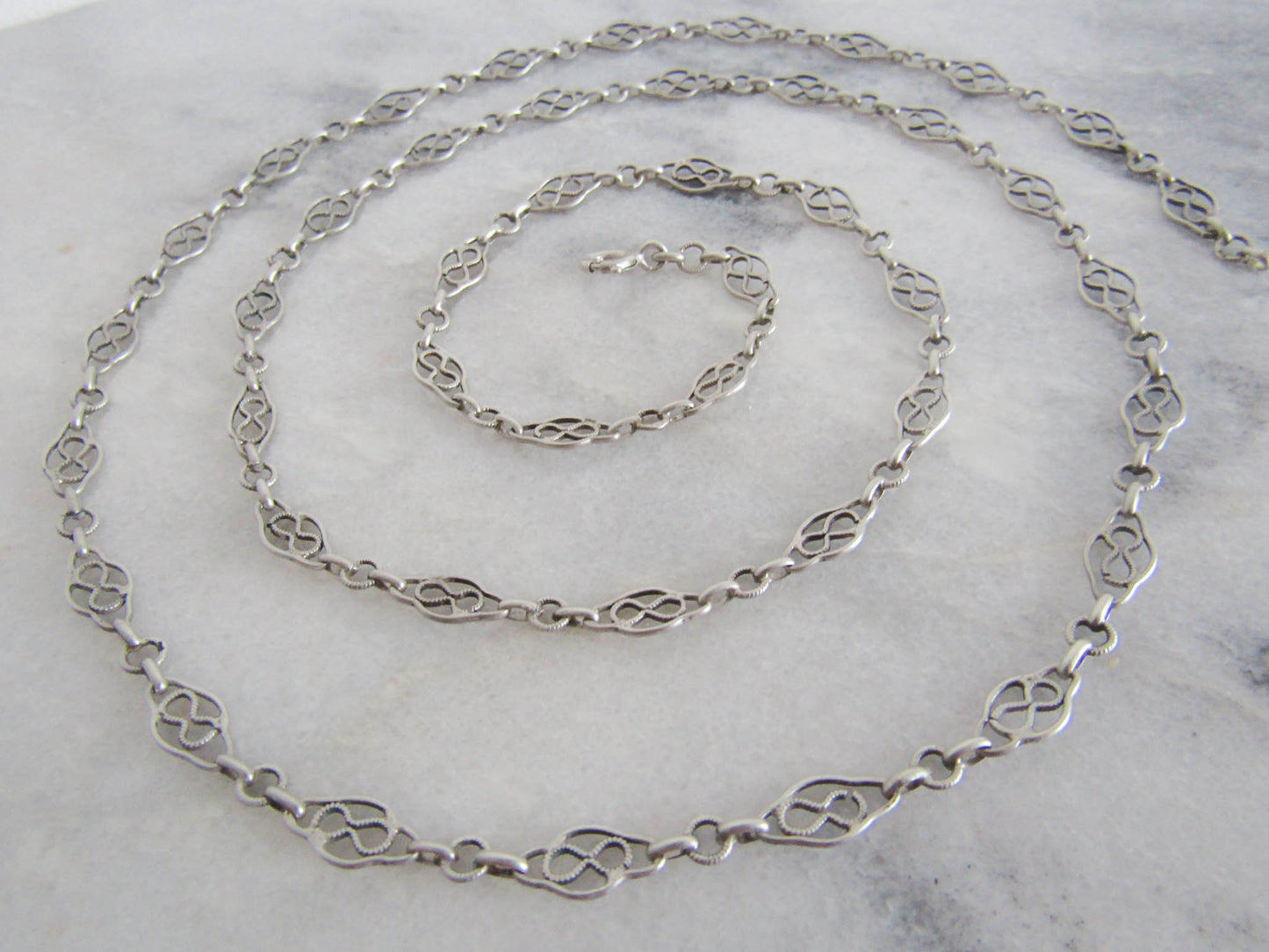 French Silver Filigree Sautoir Necklace Chain, Antique French Half Guard Chain