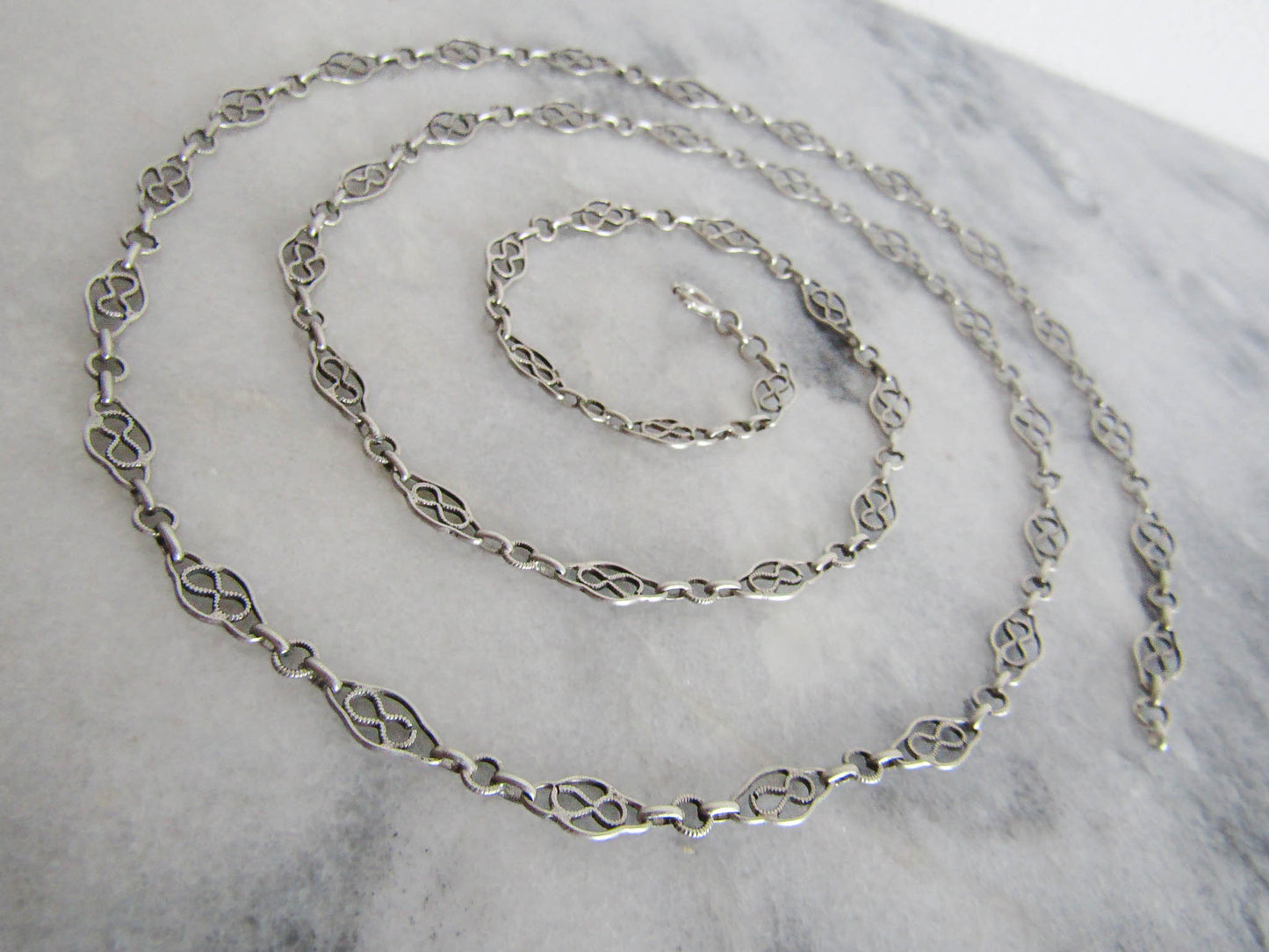 French Silver Filigree Sautoir Necklace Chain, Antique French Half Guard Chain