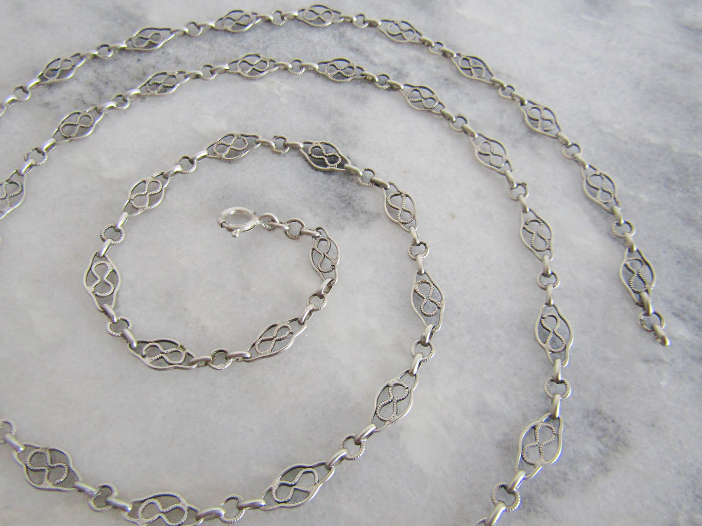 French Silver Filigree Sautoir Necklace Chain, Antique French Half Guard Chain