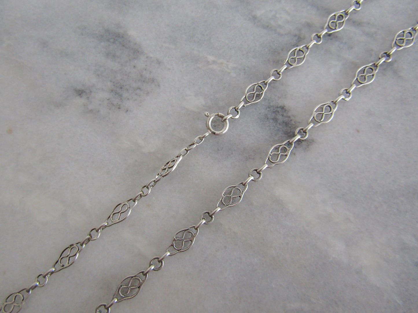 French Silver Filigree Sautoir Necklace Chain, Antique French Half Guard Chain