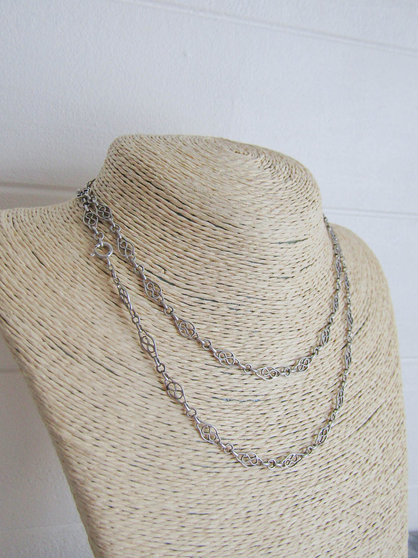 French Silver Filigree Sautoir Necklace Chain, Antique French Half Guard Chain