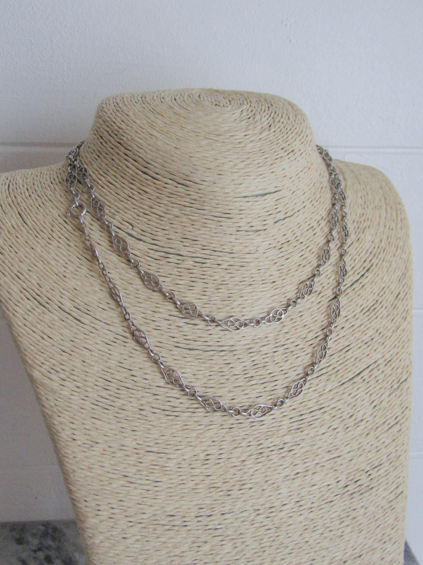 French Silver Filigree Sautoir Necklace Chain, Antique French Half Guard Chain