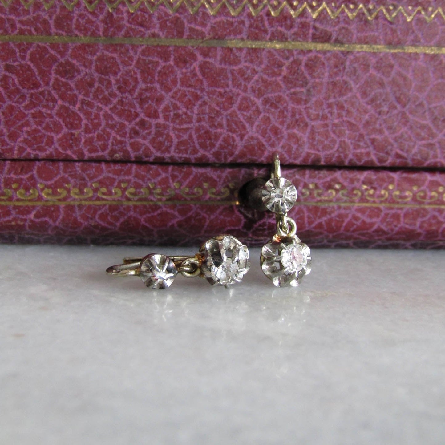 Antique Platinum and 18K Gold Old European Cut Diamond Art Deco Trembleuse Earrings c. 1920