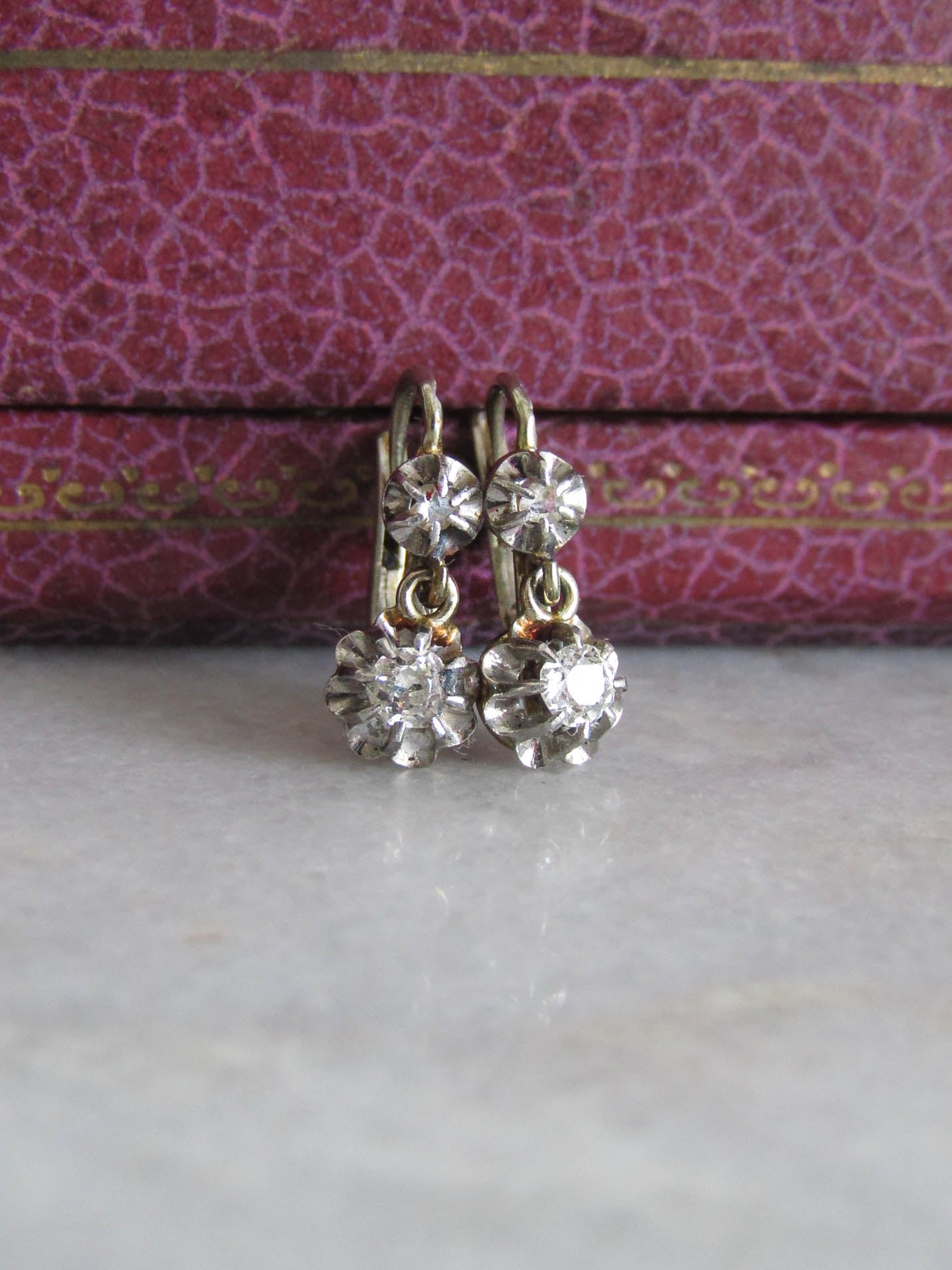 Antique Platinum and 18K Gold Old European Cut Diamond Art Deco Trembleuse Earrings c. 1920